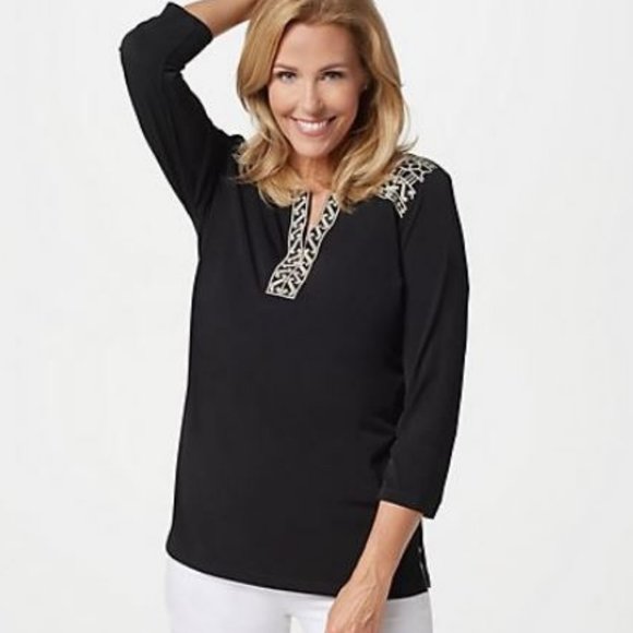 Susan Graver Tops - Susan Graver Liquid Knit Top with Embroidery 4721